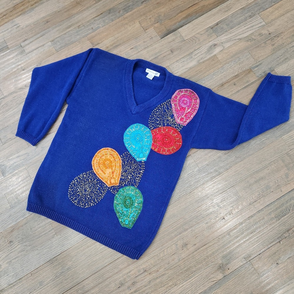 VTG‎ Eminent Sweater Medium Sequins Christmas Balloons Ramie Cotton Embellished - Picture 2 of 10